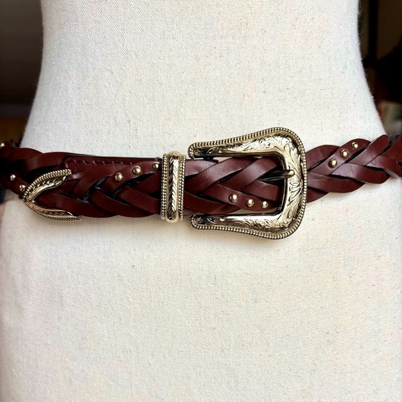 Rebecca Minkoff Western Braided Saddle Brown Leather Gold Tone Studded Belt, S/M - Picture 1 of 14
